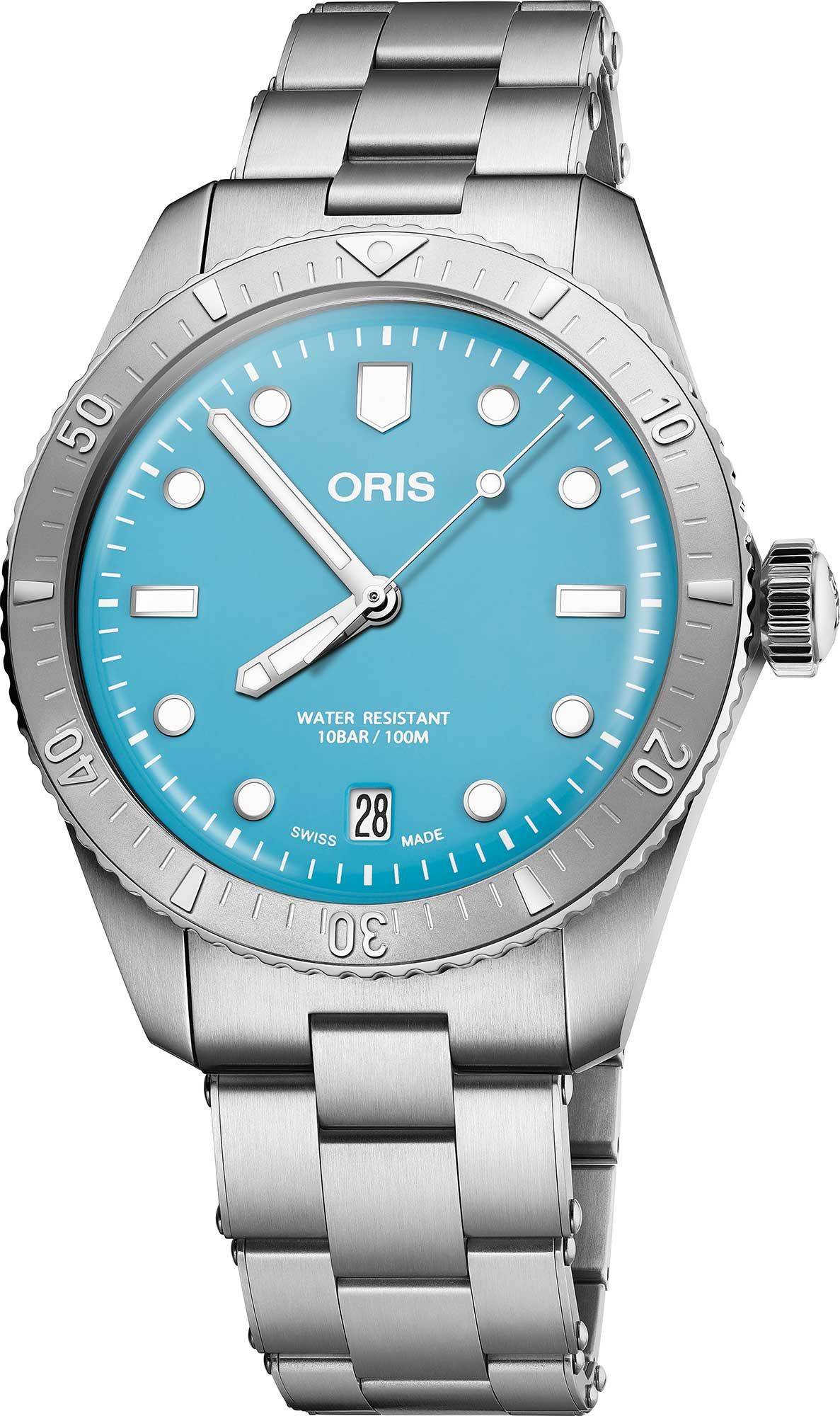 Oris Divers Sixty-Five Cotton Candy Unisex 01 733 7771 4055-07 8 19 18 horloge 38mm met turquoise wijzerplaat en roestvrijstalen band. Swiss Made heren horloge, waterbestendig tot 100 meter, geschikt voor dames en heren.