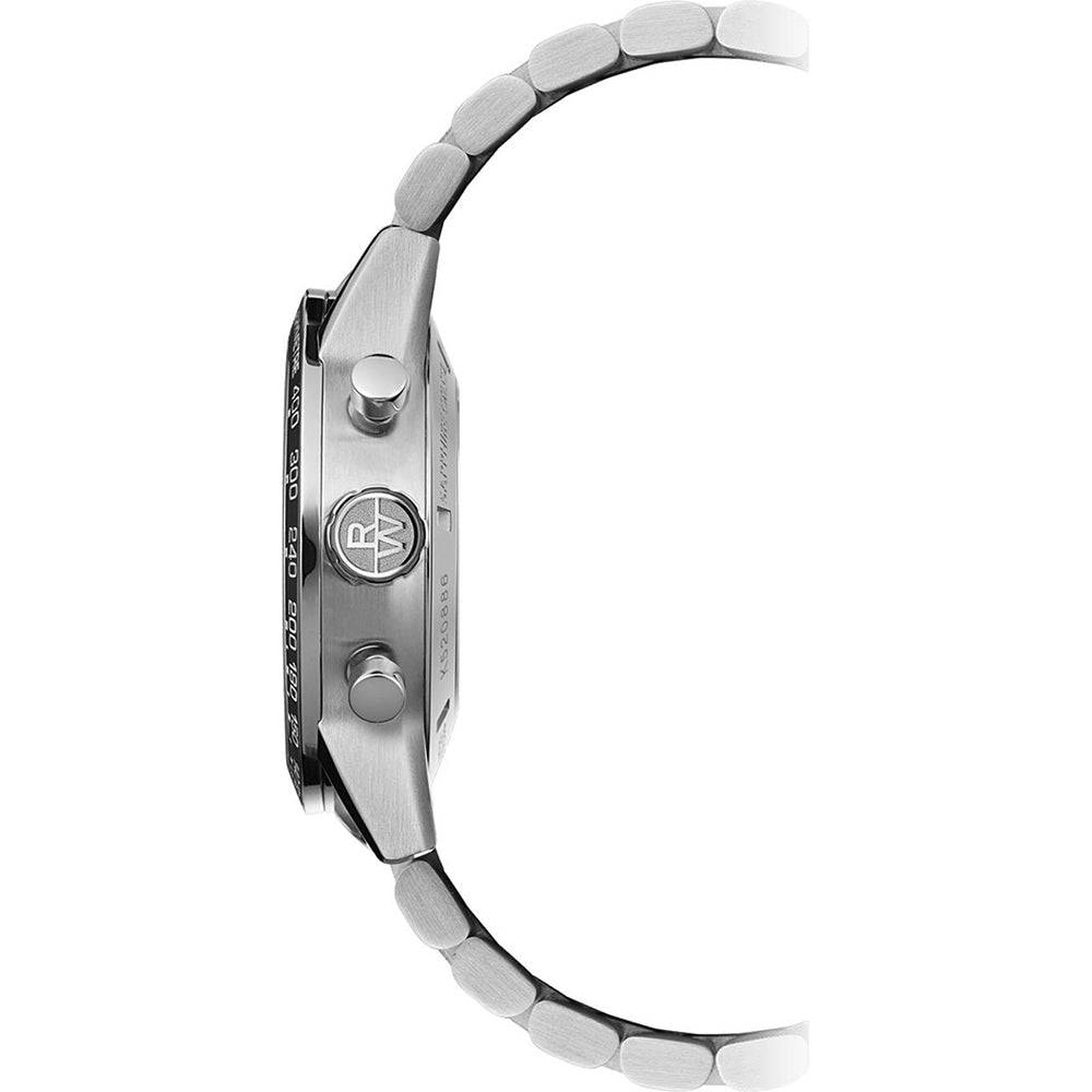 Zijaanzicht van Raymond Weil Freelancer 7741-ST1-30021 herenhorloge 43,5mm met roestvrijstalen kast en metalen schakelband. Luxe Swiss Made horloge voor moderne heren.