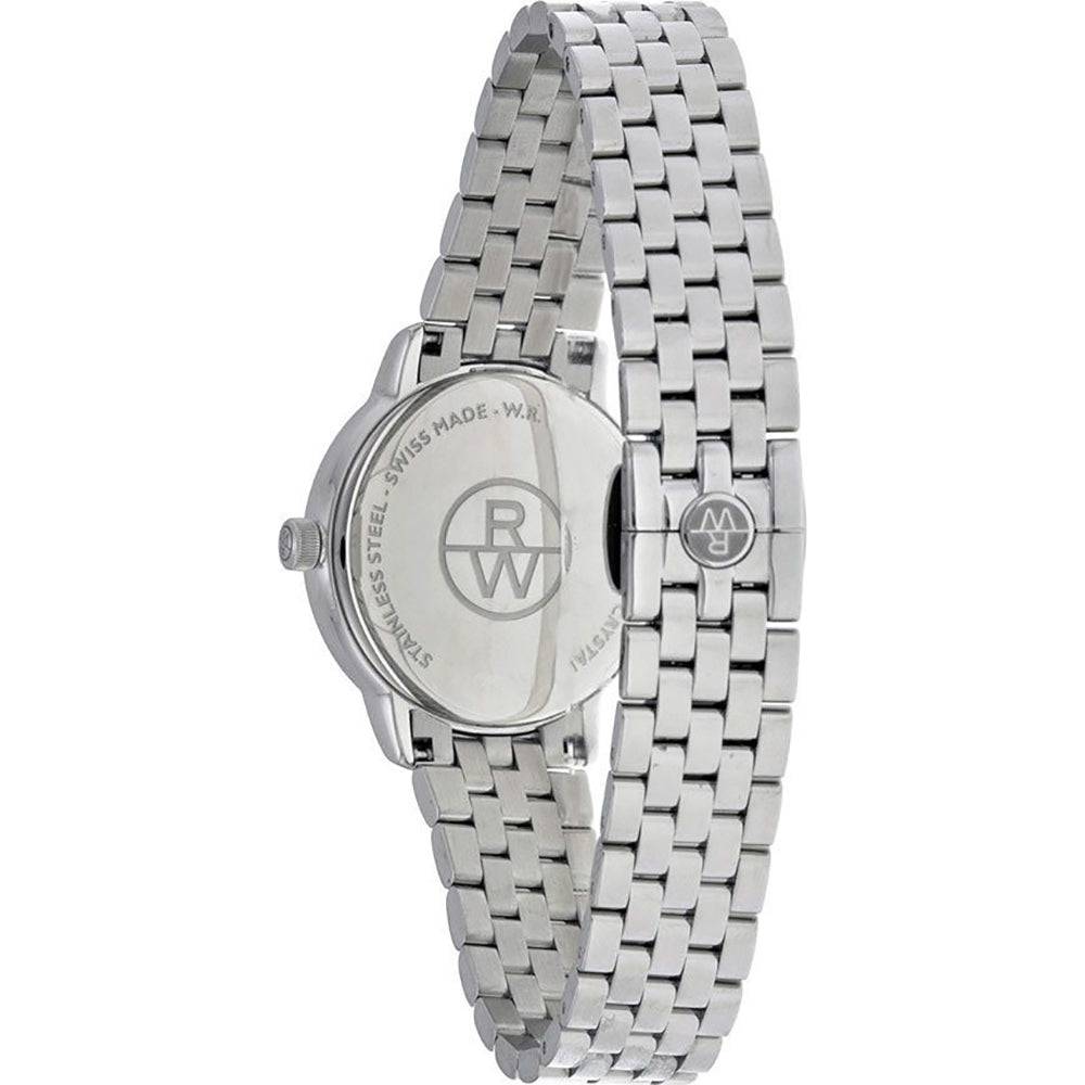 Achterzijde van de Raymond Weil Toccata 5988-ST-97081 dameshorloge, met een roestvrijstalen kast en elegante schakelband van 29mm.