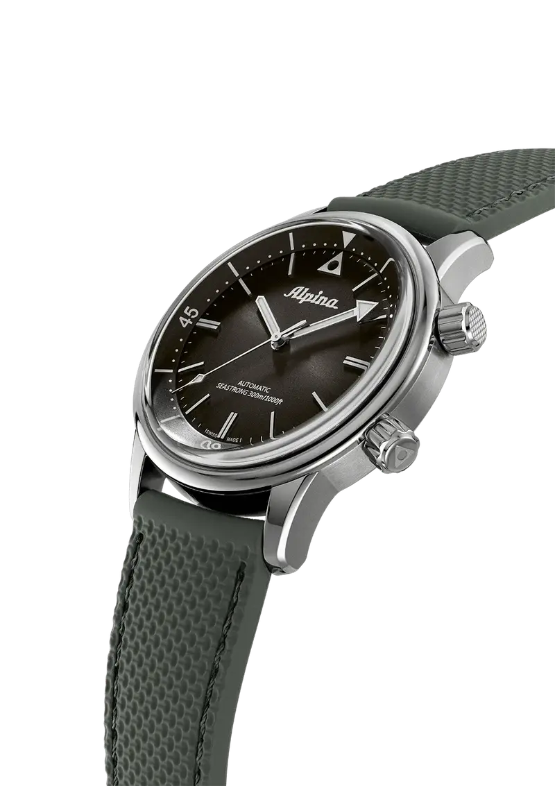 Alpina Heritage Diver 300 herenhorloge 42mm met groene rubberen band en zwart-grijze wijzerplaat. Swiss Made automatisch duikhorloge voor heren.
