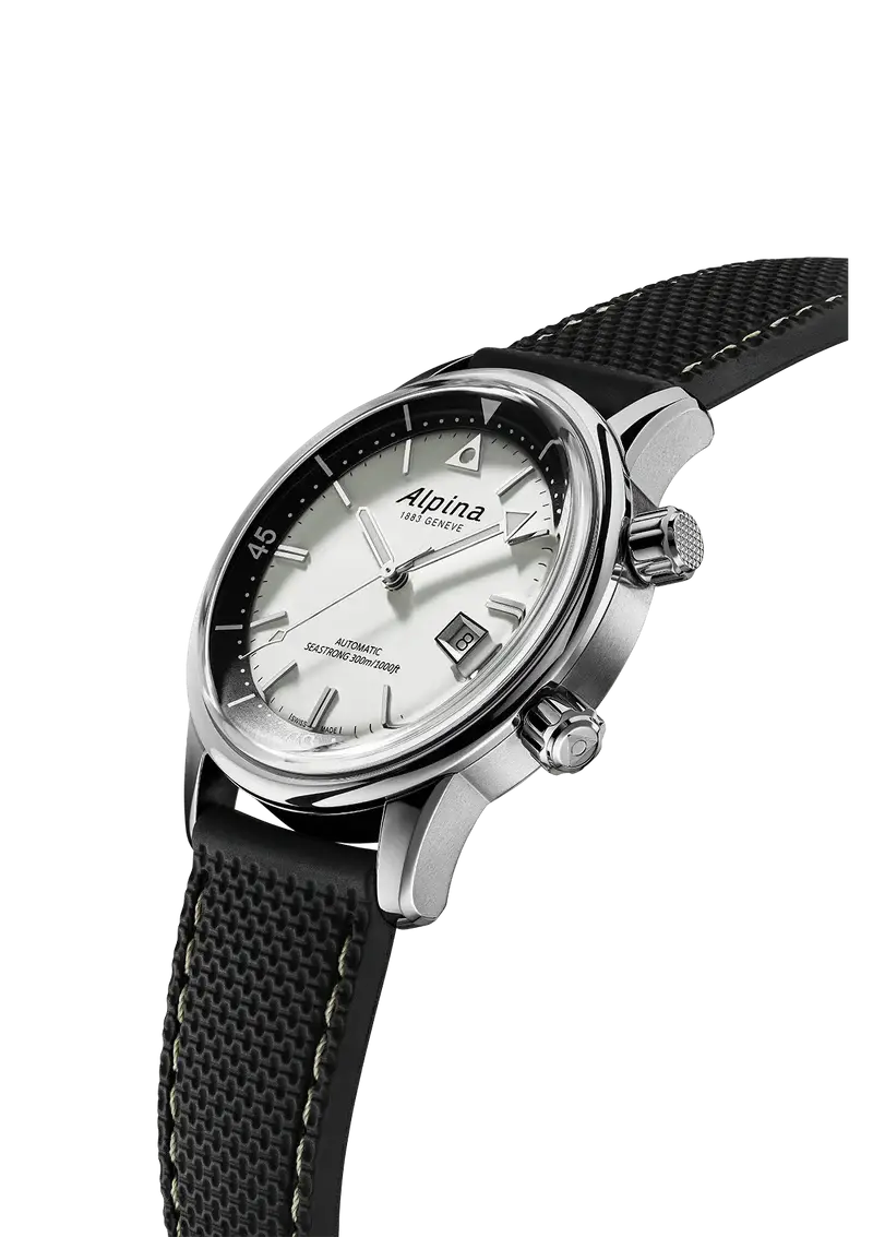 Alpina Heritage Seastrong Diver 300 horloge - Herenhorloge 42mm met zilveren wijzerplaat en zwarte band, Swiss Made duikhorloge voor heren.