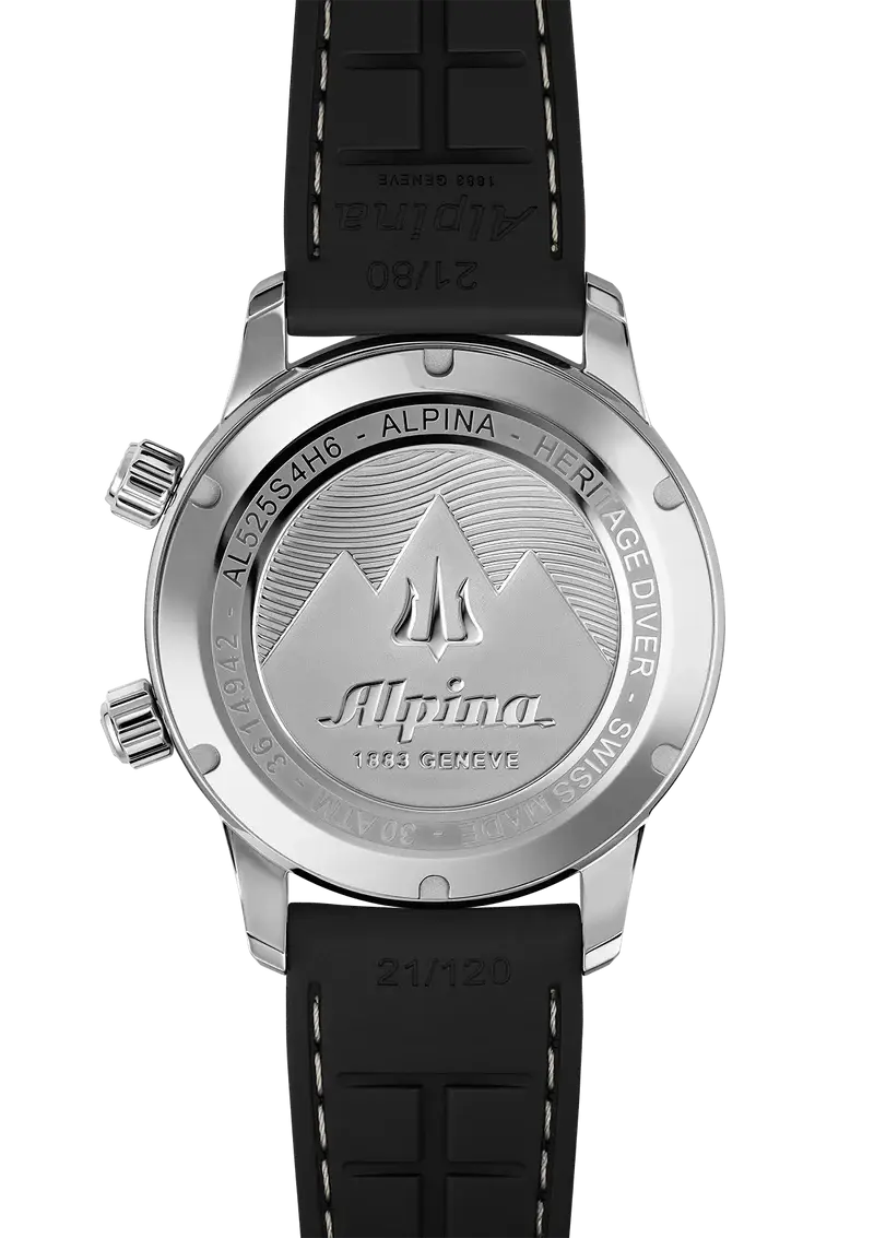 Achterzijde van Alpina Heritage Seastrong Diver 300 horloge - Herenhorloge 42mm met gegraveerd logo en serienummer, Swiss Made limited edition.