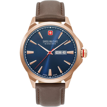 Swiss Military Hanowa Day Date Classic herenhorloge 06-4346.02.003 met blauwe wijzerplaat, roségouden kast en bruine lederen band. Zwitsers design met dag- en datumaanduiding, ideaal voor stijlvolle heren.