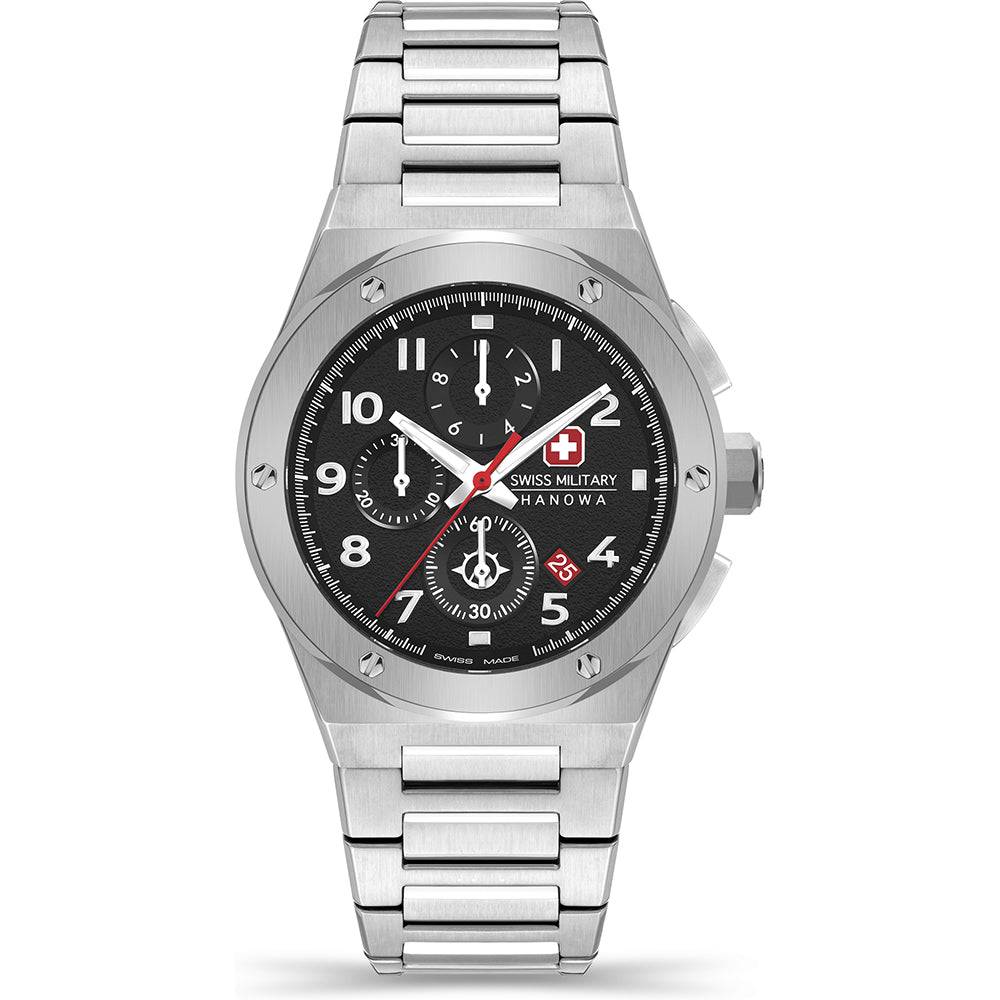 Swiss Military Hanowa herenhorloge kopen met zwart chronograaf uurwerk en roestvrijstalen band, model SMWGI2102001, 43mm kast.