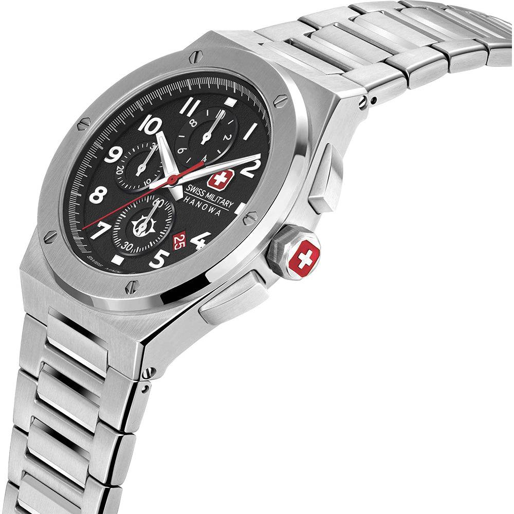 Swiss Military Hanowa herenhorloge kopen met zwart chronograaf uurwerk en roestvrijstalen band, model SMWGI2102001, 43mm kast.