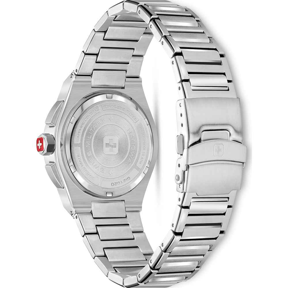 Achterkant van de Swiss Military Hanowa Sonoran Chronograaf SMWGI2102001 herenhorloge 43mm met roestvrijstalen band en Zwitsers logo op de kroon. Luxe Swiss Made horloge voor heren in de categorie sieraden en horloges.