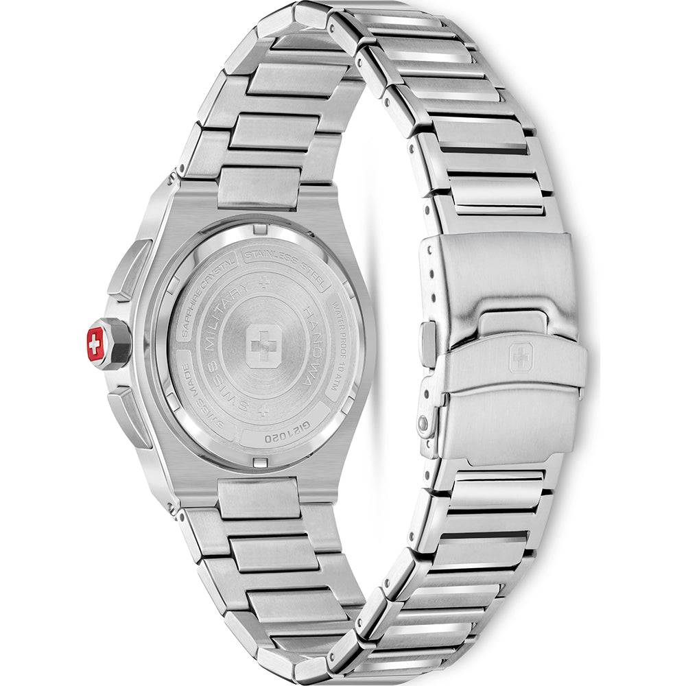 Achterkant van de Swiss Military Hanowa SMWGI0000405 Thunderbolt Chrono herenhorloge 43mm met roestvrijstalen band en Zwitsers logo op de kroon.