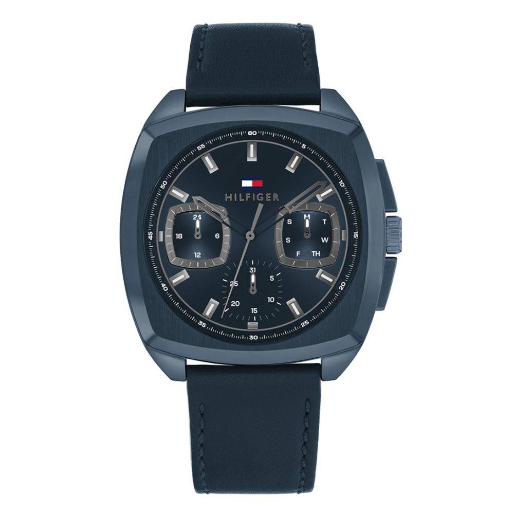 Tommy Hilfiger TH1710558 APOLLO Herenhorloge 41mm met zwarte leren band en multifunctionele wijzerplaat. Stijlvol horloge voor herenmode.