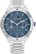 Tommy Hilfiger Lexi Horloge 40mm voor dames met zilverkleurige schakelband en blauwe wijzerplaat. Elegant horloge uit de nieuwste collectie.