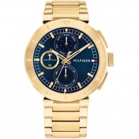 Tommy Hilfiger TH1792118 LORENZO herenhorloge 44mm met goudkleurige roestvrijstalen band en blauwe wijzerplaat. Luxe horloge voor heren, nieuw model.