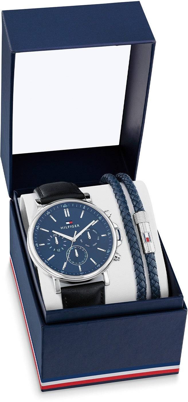 Tommy Hilfiger Herenhorloge 44 mm - TH2770161 in luxe geschenkset met zwart leren band en blauwe armband, ideaal als cadeau voor heren.
