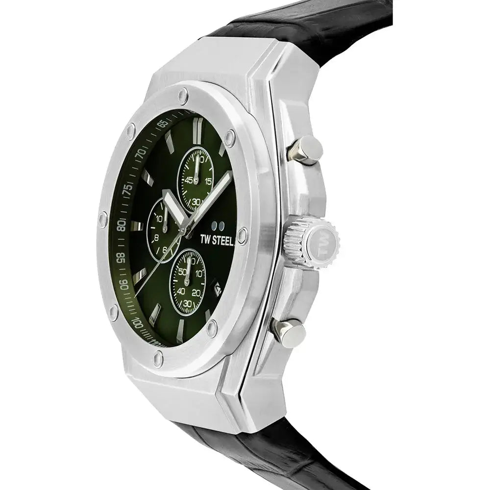 TW Steel CEO herenhorloge 44mm CE4101 met groene wijzerplaat, chronograaf en zwarte lederen band, ideaal voor stijlvolle gelegenheden.