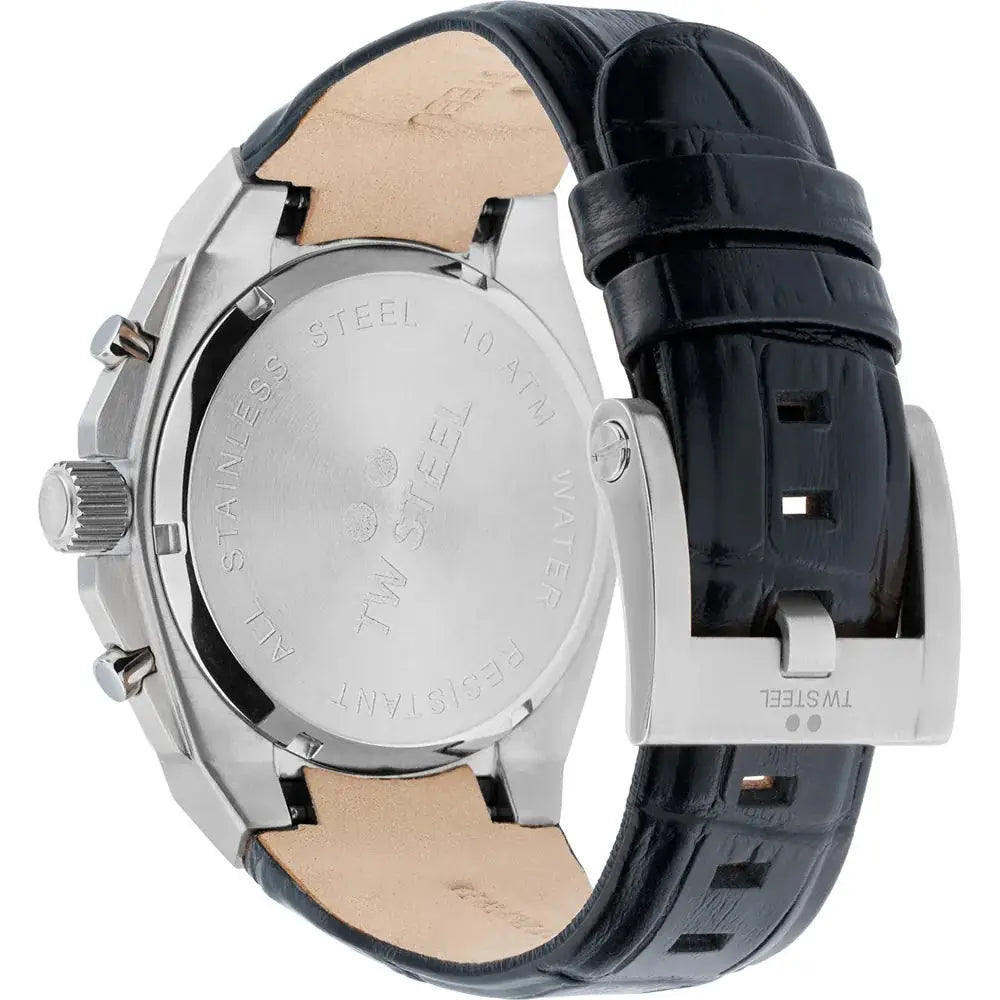 TW Steel CEO Herenhorloge 44mm - CE4101 met zwart lederen band en roestvrijstalen gesp, waterbestendig tot 10 ATM.