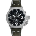 TW Steel Canteen CS105 Herenhorloge 45mm met zwarte wijzerplaat, chronograaf en robuuste stalen kast op groen leren band. Stijlvol herenhorloge voor elke gelegenheid.