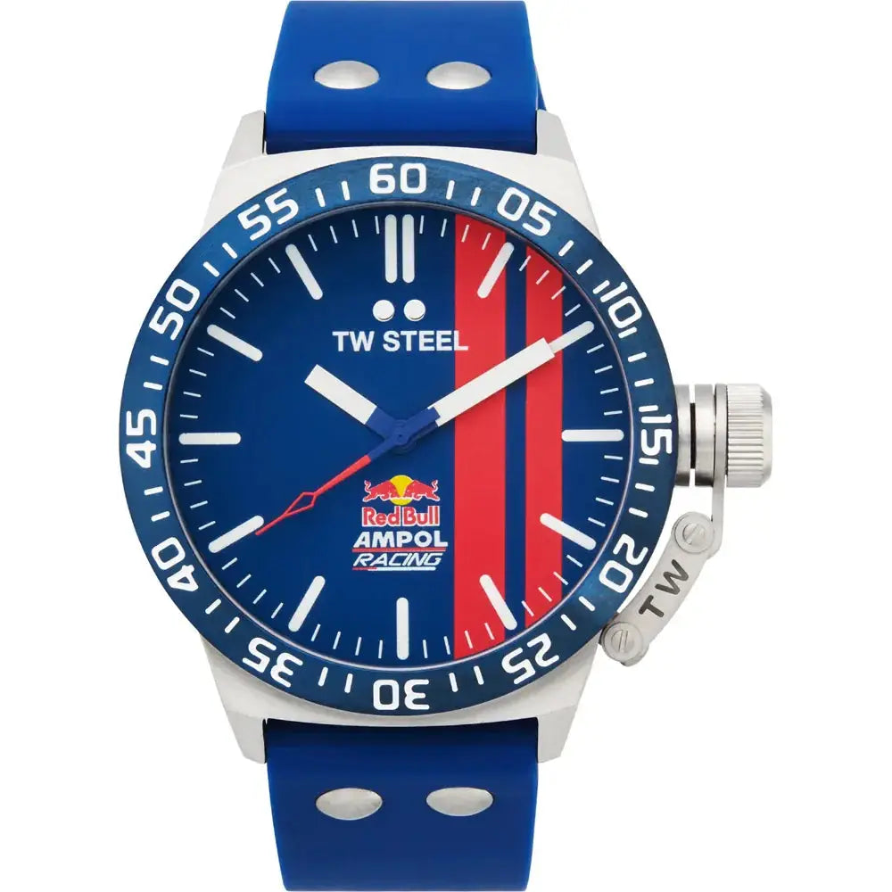 TW Steel Canteen Horloge - Herenhorloge 45mm met blauw-rode wijzerplaat, Red Bull Ampol Racing logo en blauwe siliconen band.