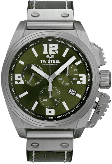 TW Steel TW1116 Canteen Swiss Chronograaf Herenhorloge 46mm met groene wijzerplaat en zilverkleurige kast. Luxe Swiss Made herenhorloge met tachymeter.