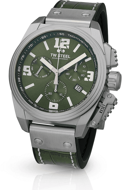 TW Steel TW1116 Canteen Swiss Chronograaf Herenhorloge 46mm met groene wijzerplaat en zilverkleurige kast. Luxe Swiss Made herenhorloge met tachymeter.