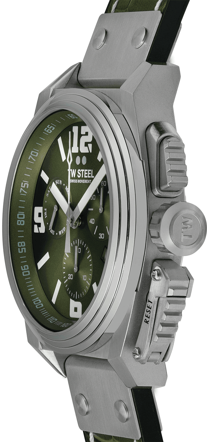 TW Steel TW1116 Canteen Swiss Chronograaf Herenhorloge 46mm met groene wijzerplaat en zilverkleurige kast, stoer design voor heren.