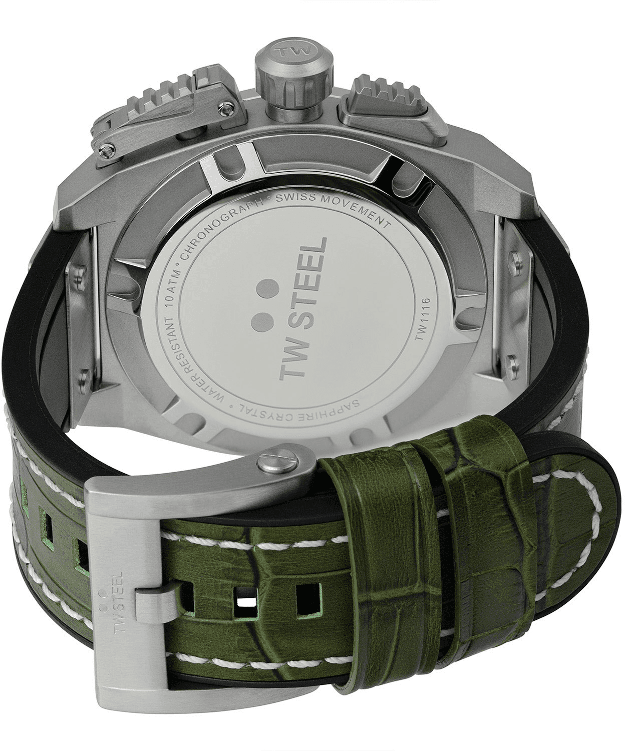 Achterkant van de TW Steel TW1116 Canteen Swiss Chronograaf Herenhorloge 46mm met groene leren band en zilveren gesp, Swiss Made uurwerk zichtbaar.