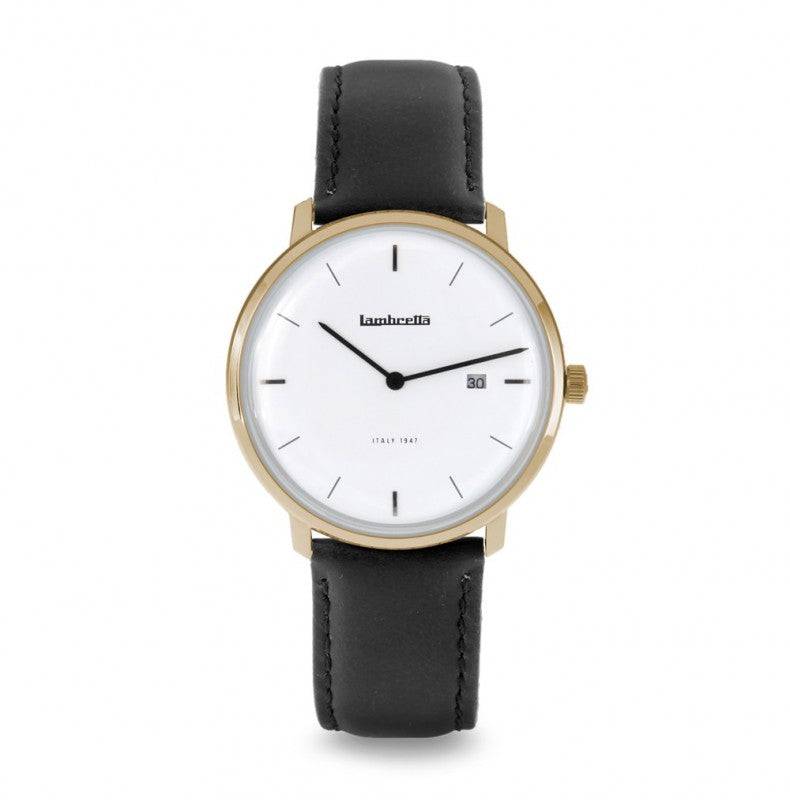Lambretta Volta 39 Leather Gold White Black Dresswatch Herenhorloge - 39mm