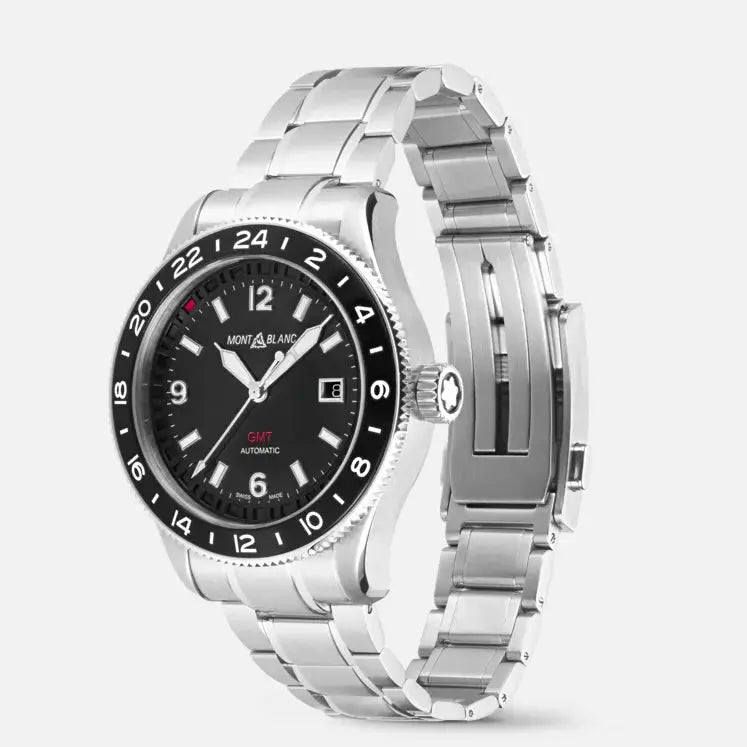 Montblanc 1858 GMT Automatic ref: 129615 herenhorloge 42mm met roestvrijstalen band en zwarte wijzerplaat. Swiss Made horloge met GMT-functie.