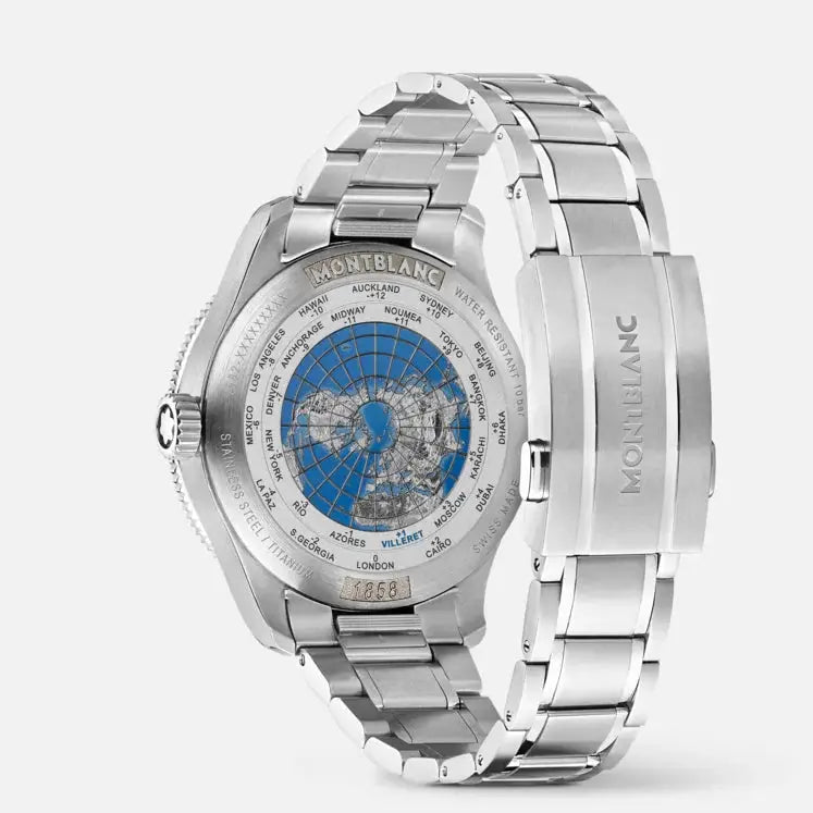 Montblanc 1858 GMT Automatic ref: 129615 herenhorloge 42mm met roestvrijstalen band en transparante achterkant met wereldkaartgravure. Swiss Made luxe horloge voor heren.