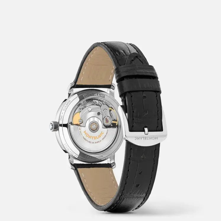 Montblanc Tradition Automatic ref: 128689 Date Dameshorloge 32mm met transparante kastachterkant. Elegant Zwitsers dameshorloge met zwart lederen band en verfijnd automatisch uurwerk.
