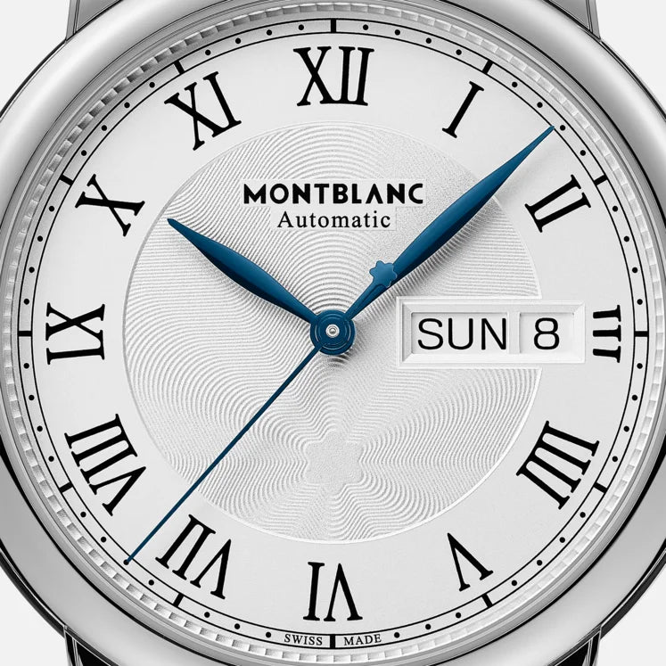 Montblanc Star Legacy Automatic ref: 128686 39mm herenhorloge met zilverwitte wijzerplaat, Romeinse cijfers en zwarte lederen band. Luxe Swiss Made horloge voor stijlvolle heren.