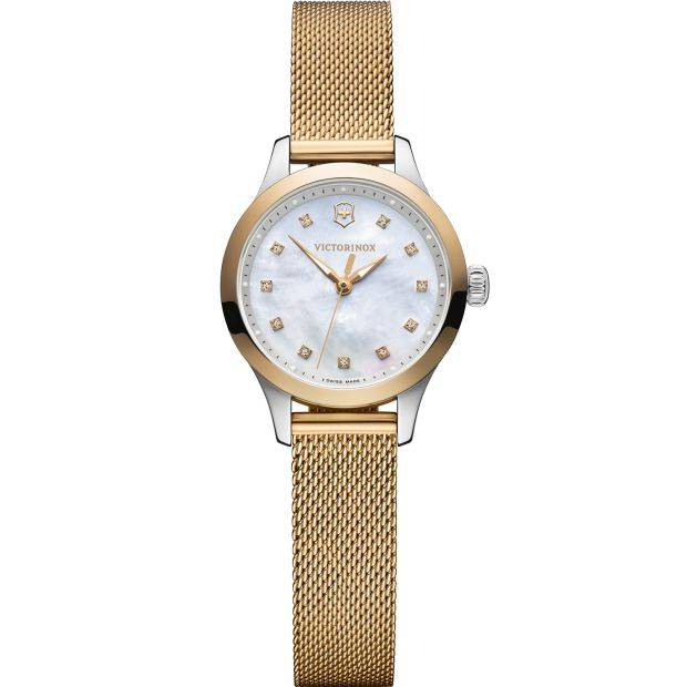 Victorinox Alliance 28mm-XS dameshorloge met goudkleurige mesh band en parelmoer wijzerplaat, Zwitserse precisie en elegante afwerking.