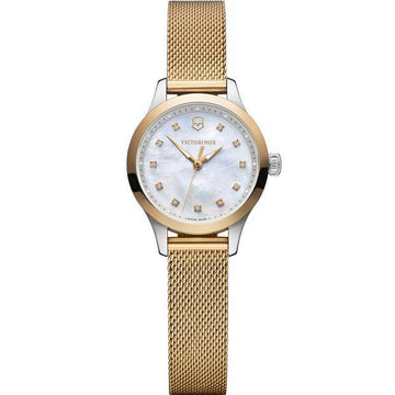 Victorinox Alliance 28mm-XS dameshorloge met goudkleurige mesh band en parelmoer wijzerplaat, Zwitserse precisie en elegante afwerking.