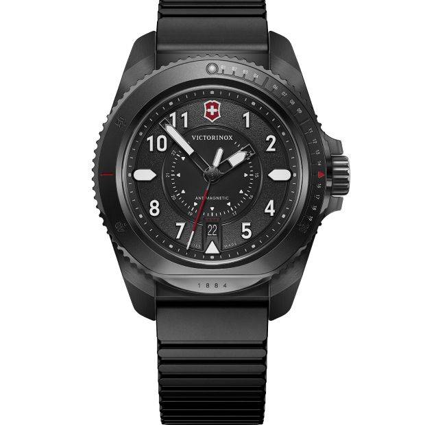 Victorinox Journey 1884 Herenhorloge 241982 met zwarte wijzerplaat, 43mm kast en zwarte rubberen band. Swiss Made horloge waterdicht tot 20 ATM.