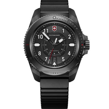 Victorinox Journey 1884 Herenhorloge 241982 met zwarte wijzerplaat, 43mm kast en zwarte rubberen band. Swiss Made horloge waterdicht tot 20 ATM.