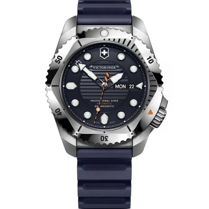 Victorinox Dive Pro herenhorloge 43mm met blauwe rubberen band en roestvrijstalen kast, waterdicht tot 30 ATM, ideaal voor duiken.