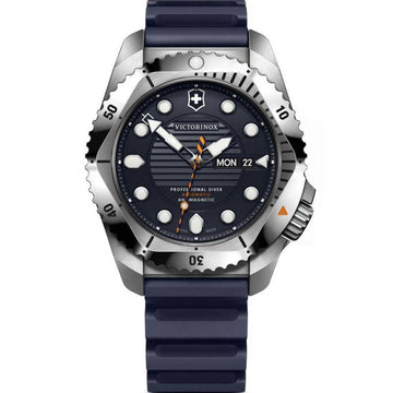 Victorinox Dive Pro herenhorloge 43mm met blauwe rubberen band en roestvrijstalen kast, waterdicht tot 30 ATM, ideaal voor duiken.