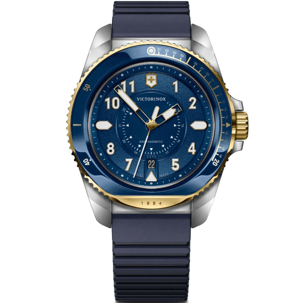 Victorinox Journey 1884 herenhorloge 242013 met blauwe wijzerplaat, goudkleurige accenten en 43mm kast, waterdicht tot 20 ATM. Swiss Made duikhorloge voor heren.
